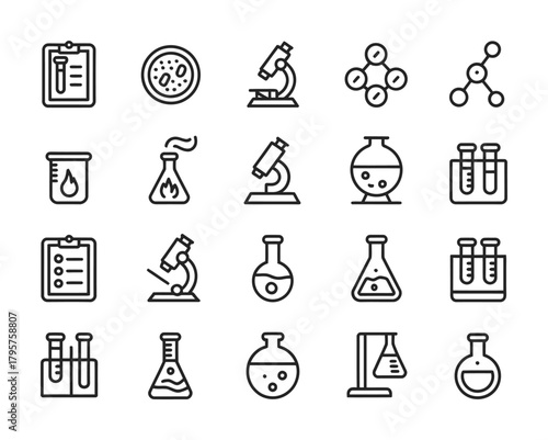 Chemistry lab glassware test tubes and experiment line icon set