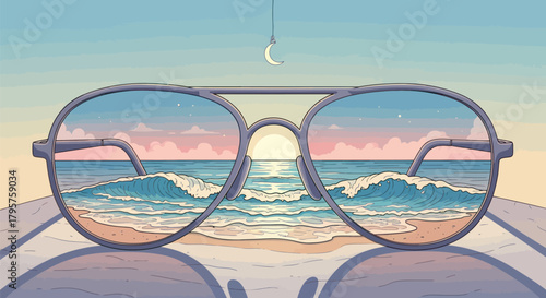 Dreamy beach escape reflected in stylish sunglasses under a crescent moon, evoking summer vacation vibes and carefree days by the ocean, perfect for travel ads