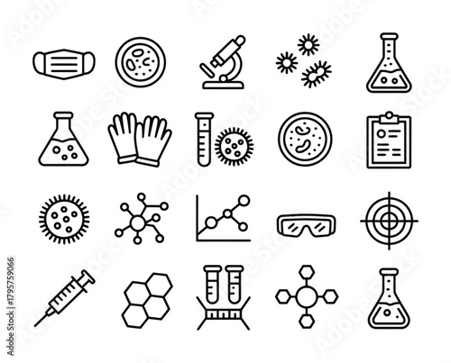 Medical lab science research virus analysis and microbiology line icon set