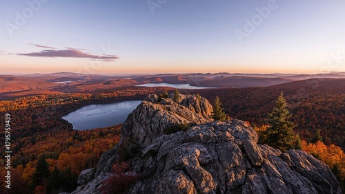 Scenic view from a rocky prominence overlooking a lake and autumn foliage at sunset, with distant mountains and a cloudy sky.