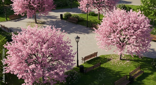 Empty town square with benches and blossoming trees on a sunny day surrounded by greenery