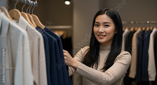Saleswoman arranging modern clothing display in store window with stylish outfits and bright lighting