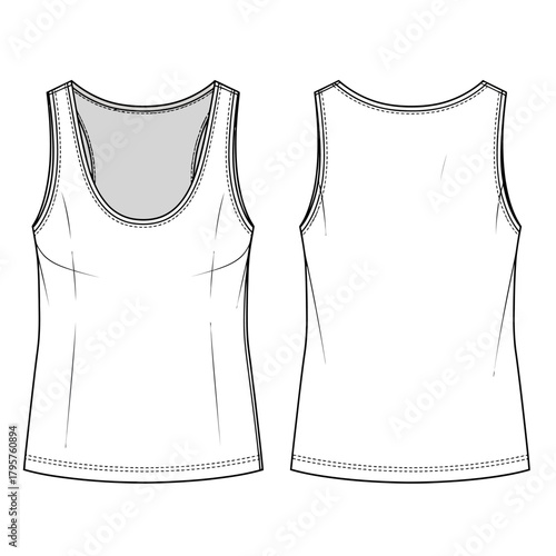 Front and back view of a white sleeveless tank top fashion flat sketch