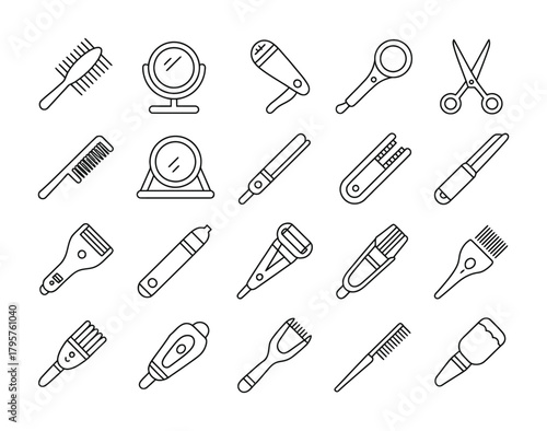 Hair styling beauty salon and grooming tool line icon set for barbers and spa