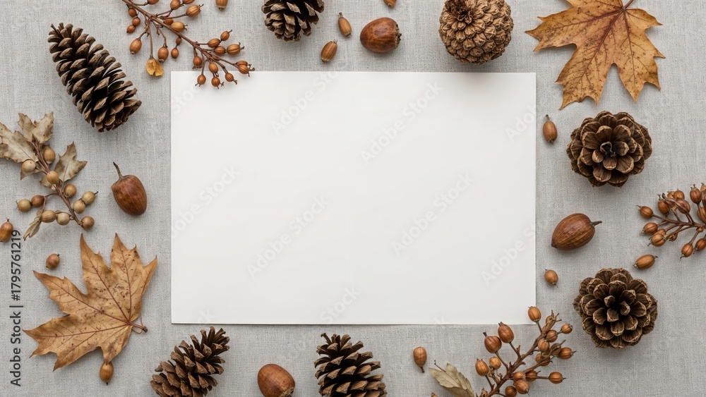 Fototapeta premium Autumn leaves and pinecones surrounding a blank white card on a gray fabric background. Nature-inspired seasonal decoration.