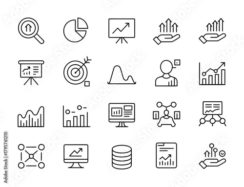 Data analytics business statistics and chart line icon set for reports and insights