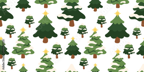 Seamless Christmas tree pattern with various snow-covered pine trees in  cozy style. Winter forest elements with firs, festive stars and seasonal green tones create  soft holiday background.