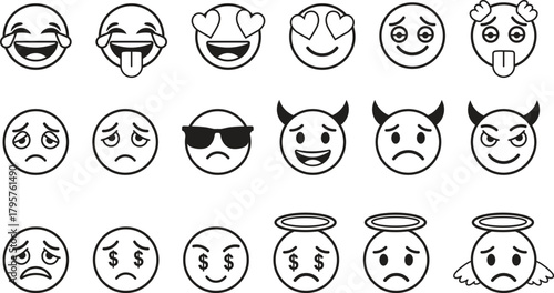 Collection of hand drawn emoji faces expressing various emotions and concepts in black and white outline