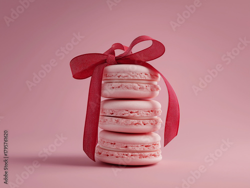 Stack of pink macarons tied with a red satin ribbon, elegant soft shadows, pastel pink background, luxury dessert advertising look