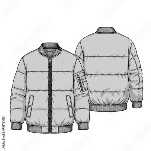 Front and back view of a light grey puffer bomber jacket fashion flat sketch with pockets and zipper