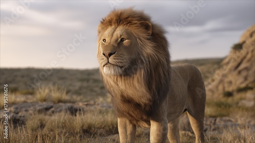 Majestic lion standing in serengeti landscape during golden hour