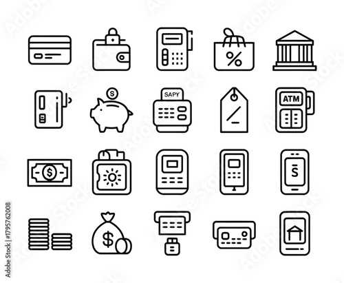 Banking payment and money line icon set for finance and transactions