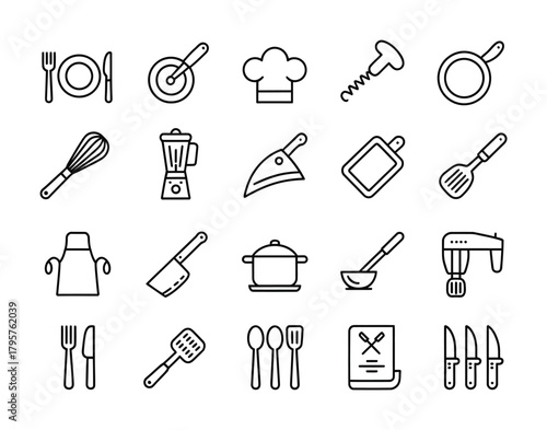Kitchen cooking utensils line icon set for food preparation and culinary tools