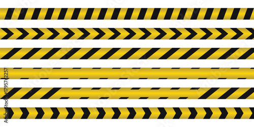 Hazard warning yellow and black striped tapes and chevron barriers.