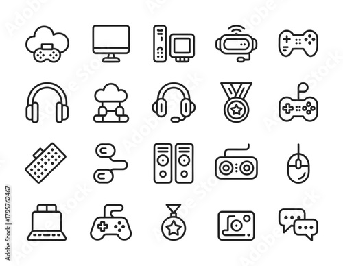 Gaming esports and controller line icon set for players and streaming
