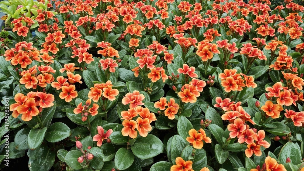 Obraz premium Bright orange flowers with green leaves, densely packed, creating a vibrant floral display.