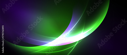 Abstract flowing lines, vibrant purple, green hues. Bright white streak adds dynamic visual interest. Smooth gradients create depth.