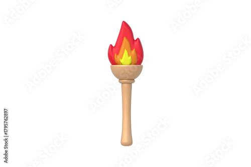 Fire torch isolated on white background. Ancient lamp. Vintage flambeau. Front view. 3d render