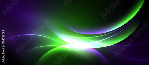 Abstract vibrant curves blend, creating luminous green, purple glow. Bright center radiates energy, dark background contrasts beautifully.