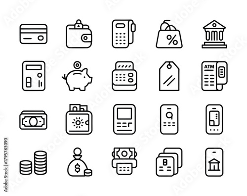 Banking finance and payment line icon set for money and transactions