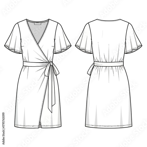 Fashion flat sketch of a womens wrap dress with flutter sleeves, showing front and back views