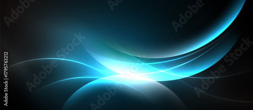 Abstract blue light curves radiate from bright center. Dark background emphasizes flowing shapes, creating dynamic visual effect.