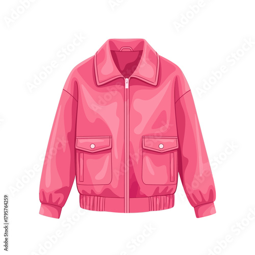 Fashion illustration of a pink bomber jacket with a zipper front, collared neckline, and pocket details