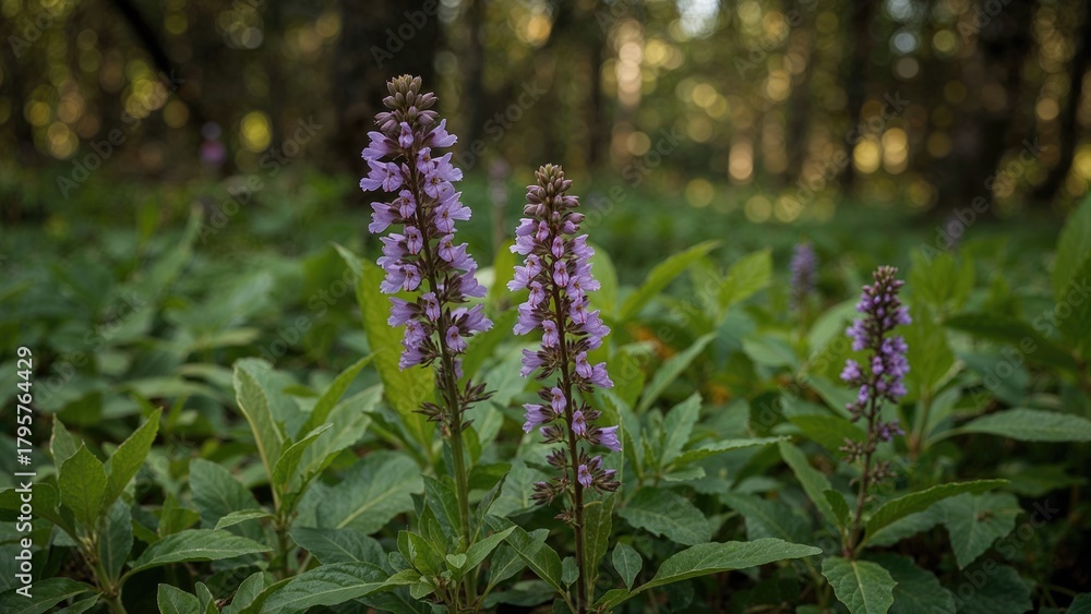 Obraz premium Purple flowering plants in a garden with lush green leaves and a blurred natural background.