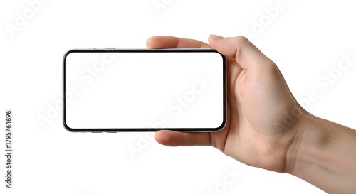 Close up of a hand holding a smartphone horizontally with a blank white screen