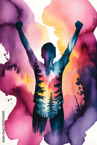 Watercolor silhouette of person celebrating triumph and freedom