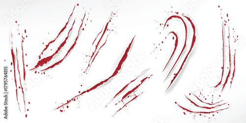 Set of bloody claw marks and scratches with splatters on white backdrop