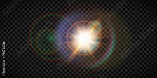Halo sun flare effect with sparkle spotlight and radiance highlight. Spring or christmas abstract transparent sunshine light. Ray glow flash white circle magic or heat isolated warm sky.
