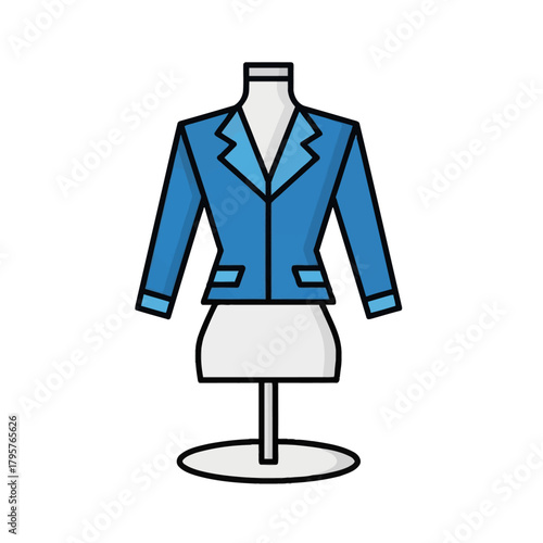 A blue blazer jacket displayed on a mannequin, showcasing its tailored design with lapels and pockets, presented as a flat vector illustration isolated on a