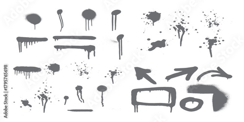Abstract vector collection of diverse spray paint elements, drips, splatters, and arrows