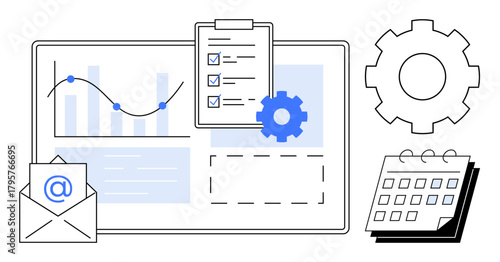 Analytics dashboard, checklist clipboard, email icon, gear, and calendar. Ideal for productivity, organization, planning workflow time management data analysis efficiency. Simple flat metaphor