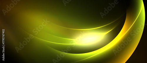 Abstract yellow curves radiate from bright center. Smooth gradients create dynamic, flowing visual effect. Dark background emphasizes luminosity.