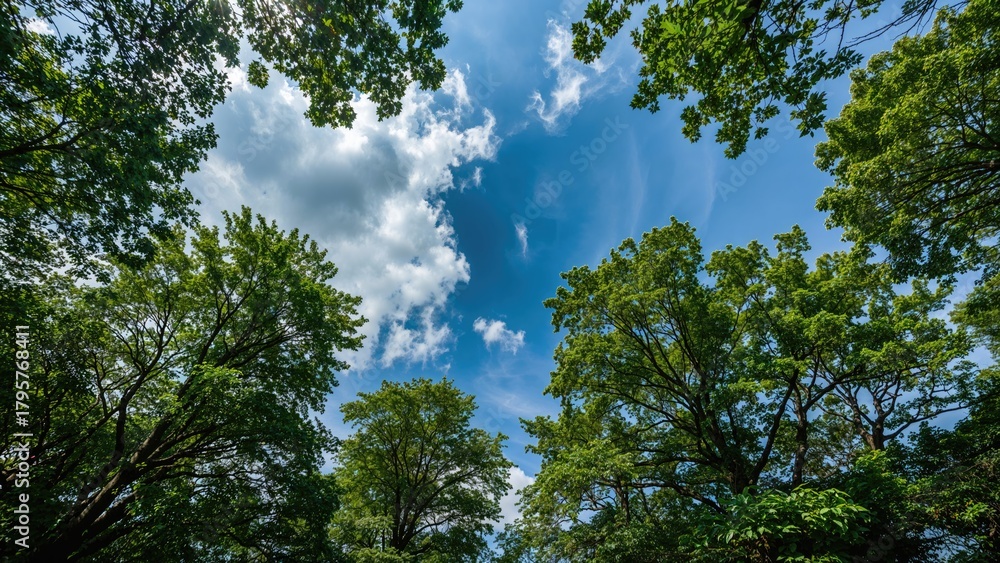 Obraz premium View of the sky through green trees in a forest with clouds and sunlight. Nature scenery. The image showcases the beauty of trees and the sky.
