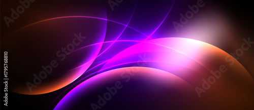 Abstract design features flowing curves, vibrant purple, pink hues. Dramatic lighting creates dynamic visual impact. Dark background emphasizes bright elements.