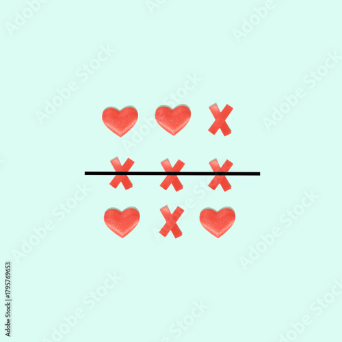 Tic-tac-toe game on a green background where love loses and the X symbol wins. Playful and conceptual image suitable for Valentine’s Day, creative designs, and modern projects.