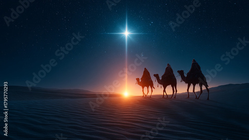 Three wise men on camels are walking through the desert at night. The Adoration of the Magi.