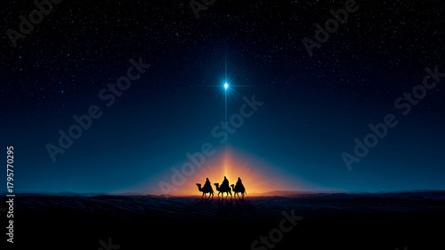 Three wise men on camels are walking through the desert at night. The Adoration of the Magi.