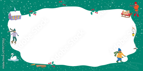 Festive winter illustration frame featuring children playing in the snow, ice skating, a sledding dog, holly accents, and cozy seasonal elements. Vector art