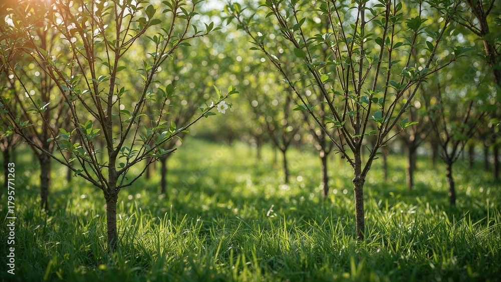 Fototapeta premium Young trees in a lush green orchard bathed in sunlight. Natural setting with thriving vegetation. Vibrant and fresh environment.