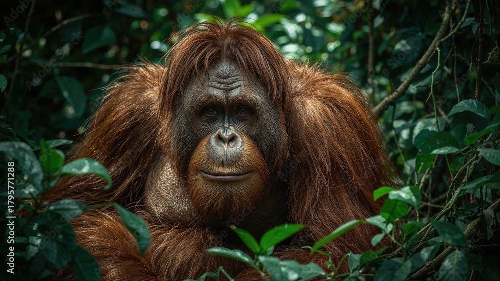 Fototapeta premium A young orangutan in the rainforest surrounded by green foliage.