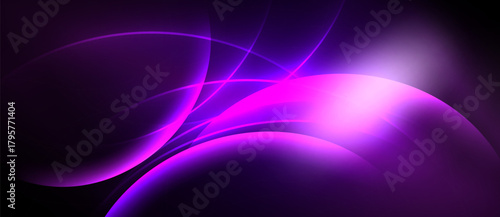 Abstract purple design features flowing lines, bright glow. Dark background emphasizes vibrant curves, creating dynamic visual effect.