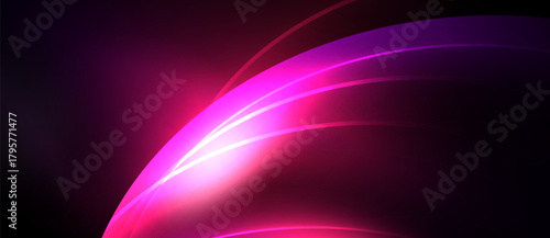 Abstract background features vibrant pink, purple curves. Light radiates from central point, creating dynamic visual effect. Smooth gradients dominate composition.
