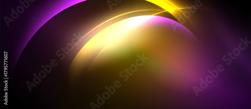 Abstract composition featuring curved shapes, vibrant purple, gold hues. Light radiates from central point, creating dynamic visual effect.