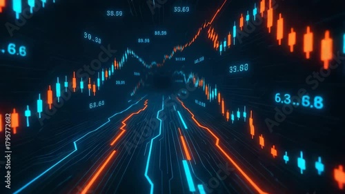 Dynamic stock market visualization with colorful graphs and data reflecting financial trends and trading activities.