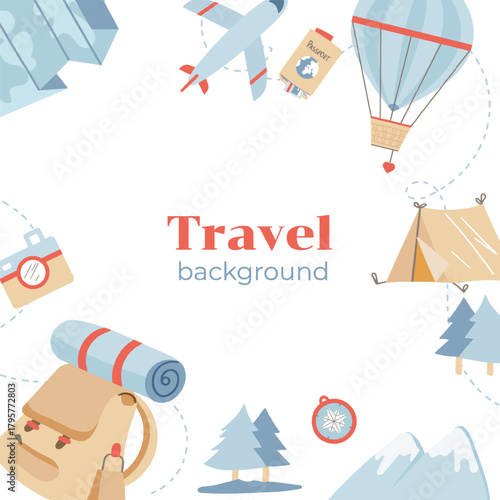 Bright travel set with plane, balloon, tent, backpack, map, camera, trees, and mountains. Light playful style for adventure and trip themes.