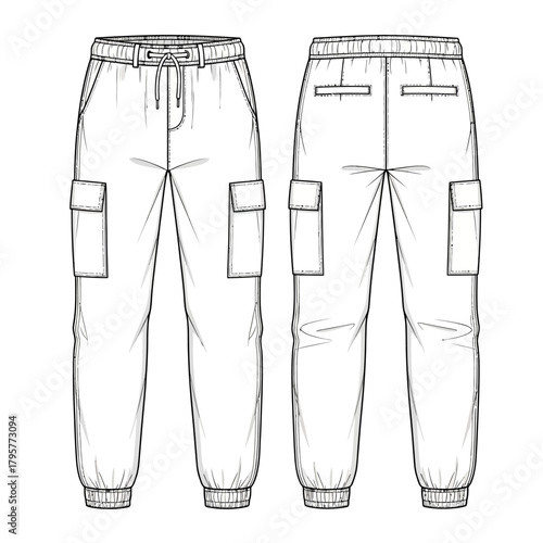 Front and back view of a fashion flat sketch of cargo pants, showcasing design details like pockets, drawstring waist, and elasticated cuffs